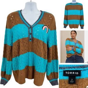 Torrid Vegan Cashmere Pullover Henley Sweater Striped Blue Brown Sz.2X  Rainbow